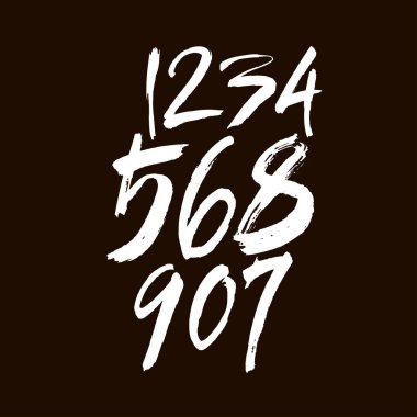 Kaligrafik akrilik ya da mürekkep numaralarının vektör kümesi. Tasarımınız için ABC, siyah arkaplandaki fırça harfleri