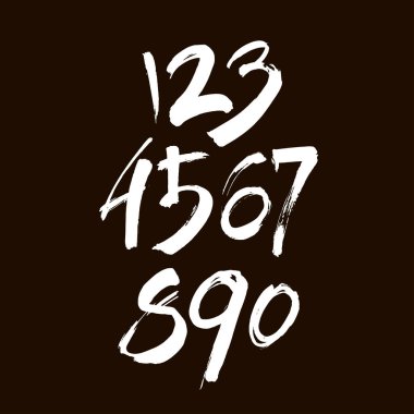 Kaligrafik akrilik ya da mürekkep numaralarının vektör kümesi. Tasarımınız için ABC, siyah arkaplandaki fırça harfleri