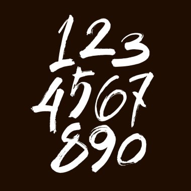 Kaligrafik akrilik ya da mürekkep numaralarının vektör kümesi. Tasarımınız için ABC, siyah arkaplandaki fırça harfleri