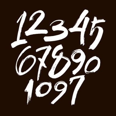 Kaligrafik akrilik ya da mürekkep numaralarının vektör kümesi. Tasarımınız için ABC, siyah arkaplandaki fırça harfleri