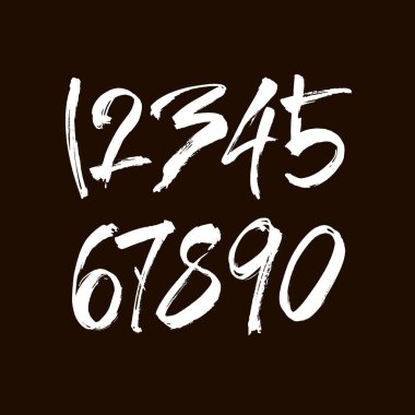 Kaligrafik akrilik ya da mürekkep numaralarının vektör kümesi. Tasarımınız için ABC, siyah arkaplandaki fırça harfleri
