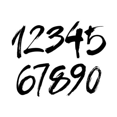Kaligrafik akrilik ya da mürekkep numaralarının vektör kümesi. Tasarımınız için ABC, beyaz arkaplanda fırça harfleri