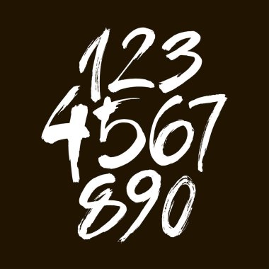 Kaligrafik akrilik ya da mürekkep numaralarının vektör kümesi. Tasarımınız için ABC, siyah arkaplandaki fırça harfleri