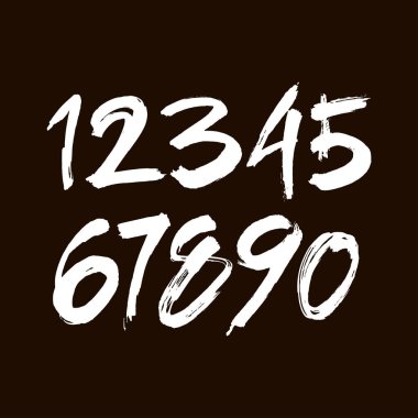 Kaligrafik akrilik ya da mürekkep numaralarının vektör kümesi. Tasarımınız için ABC, siyah arkaplandaki fırça harfleri