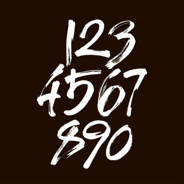 Kaligrafik akrilik ya da mürekkep numaralarının vektör kümesi. Tasarımınız için ABC, siyah arkaplandaki fırça harfleri