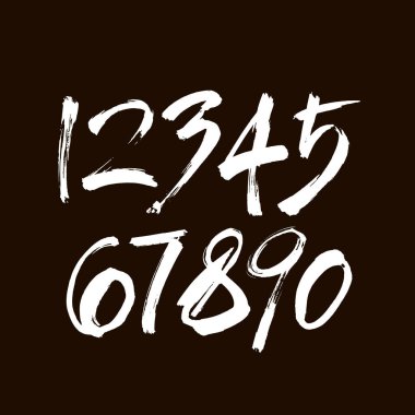 Kaligrafik akrilik ya da mürekkep numaralarının vektör kümesi. Tasarımınız için ABC, siyah arkaplandaki fırça harfleri