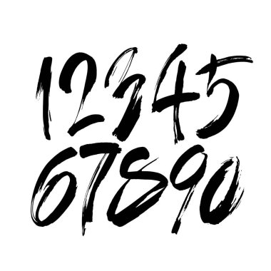 Kaligrafik akrilik ya da mürekkep numaralarının vektör kümesi. Tasarımınız için ABC, beyaz arkaplanda fırça harfleri