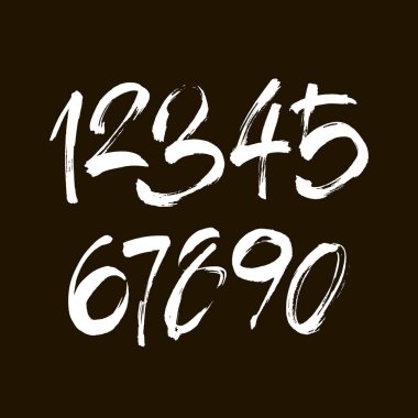 Kaligrafik akrilik ya da mürekkep numaralarının vektör kümesi. Tasarımınız için ABC, siyah arkaplandaki fırça harfleri