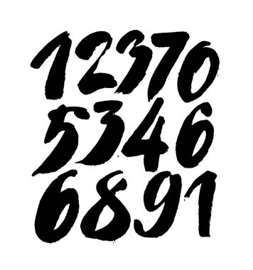 Kaligrafik akrilik ya da mürekkep numaralarının vektör kümesi. Tasarımınız için ABC, beyaz arkaplanda fırça harfleri