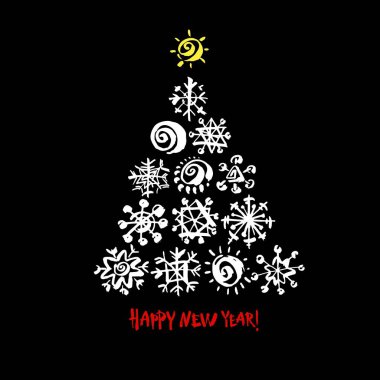 Mutlu yıllar mesajı. Siyah arka planda beyaz kar tanesi Noel ağacı. Beyaz ve kırmızı fırça hat sanatı. Noel vektör kartı
