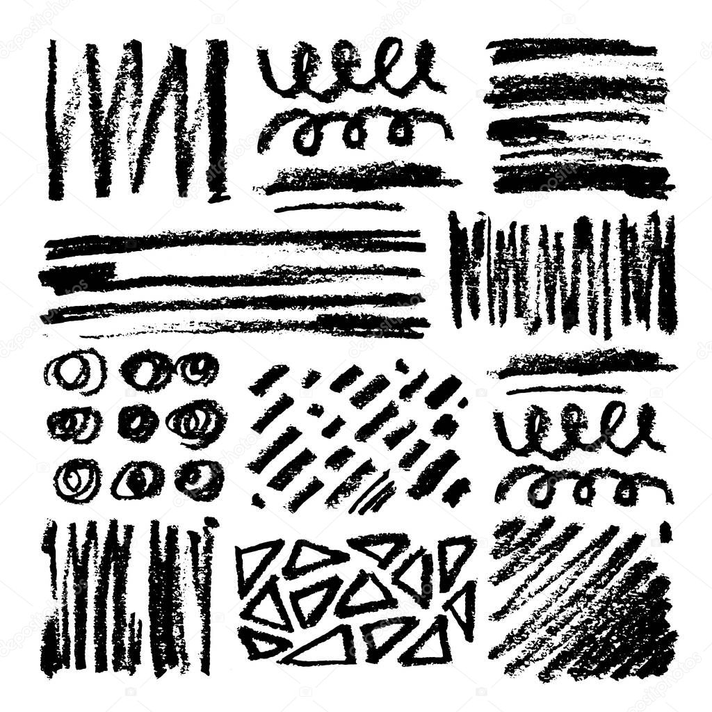 Set of oil pastel brush strokes and design elements. Grunge vector illustration.