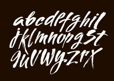 Vektör Akrilik Fırça Biçimli El Çizimi Alfabe Yazıtipi. Kaligrafi alfabesi siyah arka planda. Mürekkep el yazısı..