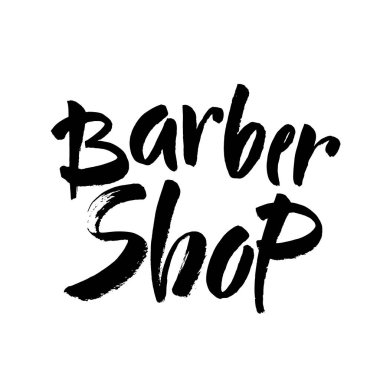 Berber dükkanı el yazısı, logo, rozet, etiket. Beyaz arka planda klasik amblem. Modern fırça kaligrafisi. Mürekkep çizimi. Vektör