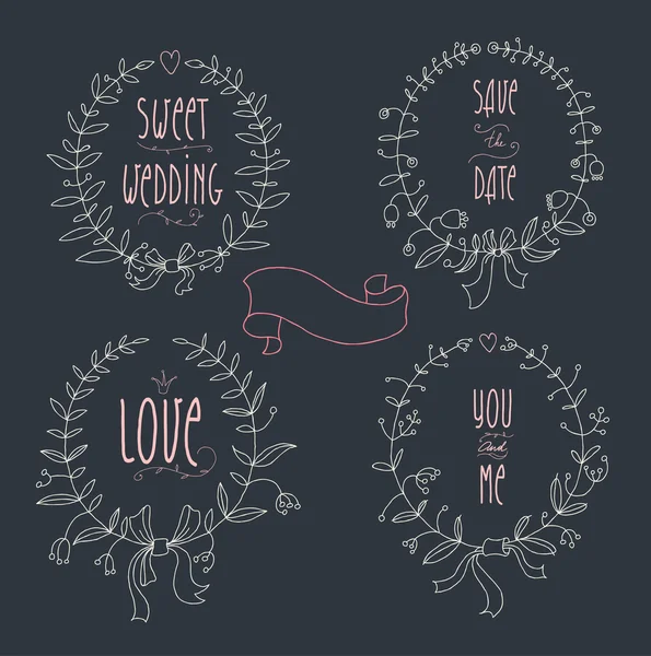 Hand drawn set of wedding wreaths and ribbons.  Transparency. — Stockvector