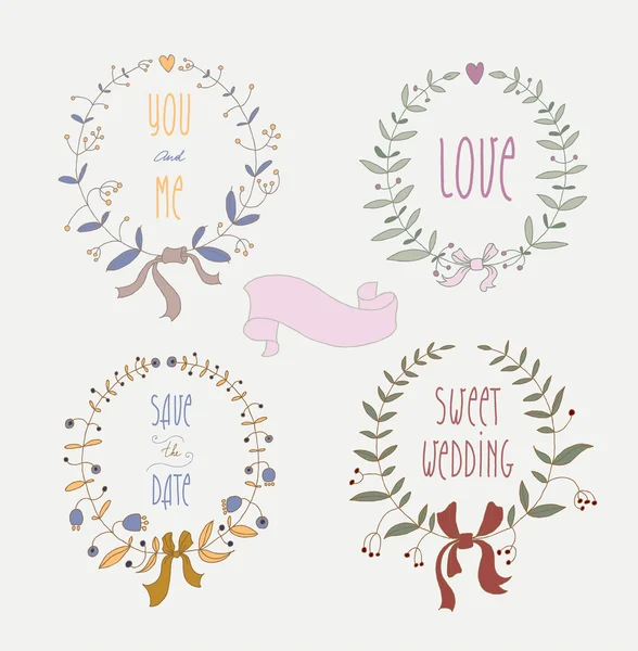 Hand drawn set of wedding wreaths and ribbons.  Transparency. — Stock Vector