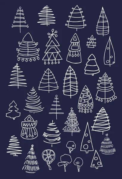 Set of Christmas white trees isolated on dark background. Graphic design editable for your design. — Stock Vector