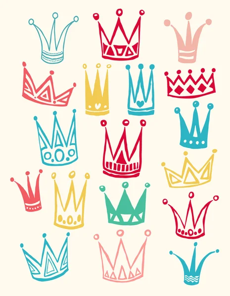 Conjunto de coronas de dibujos animados lindo. Dibujo a mano vector fondo. Colores brillantes. Ilustración vectorial . — Vector de stock