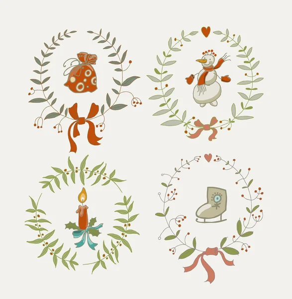 Couronnes de Noël serties d'éléments graphiques bonhomme de neige et Nouvel An, symboles de vacances — Image vectorielle