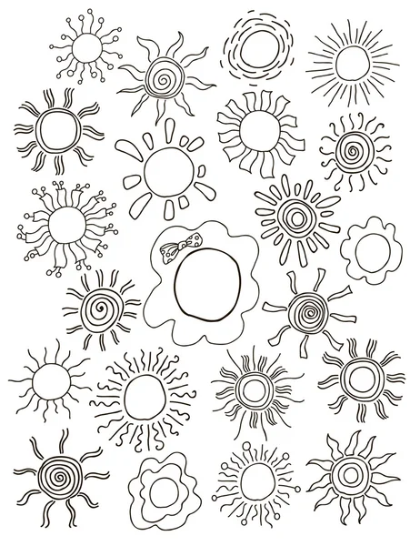 Sonnensymbole für Ihr Design. Handgezeichnetes Set verschiedener Sonnen isoliert. — Stockvektor