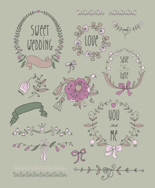 Hand drawn set of wedding wreaths and ribbons.  Transparency. — Stock Vector