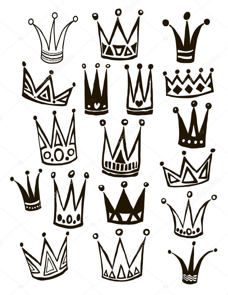 Set of cute cartoon crowns. Hand drawing vector background.  Bright colors. Vector illustration.