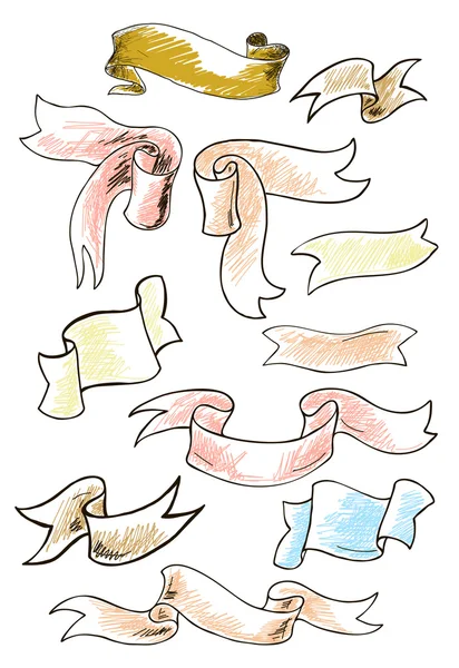 Banderas de cinta vintage, conjunto dibujado a mano. Ilustración vectorial . — Archivo Imágenes Vectoriales
