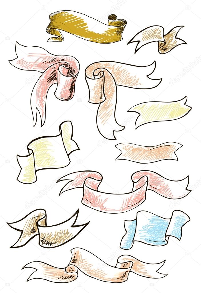 Vintage ribbon banners, hand drawn set. Vector illustration.