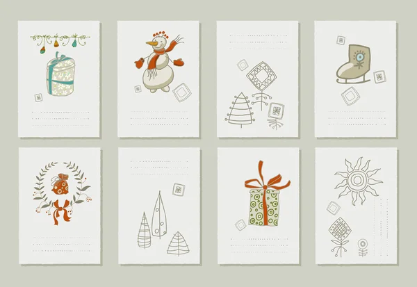 Handgezeichnete Sammlung romantischer Einladungen zu Weihnachten und Neujahr. 8 sanfte Karten. — Stockvektor