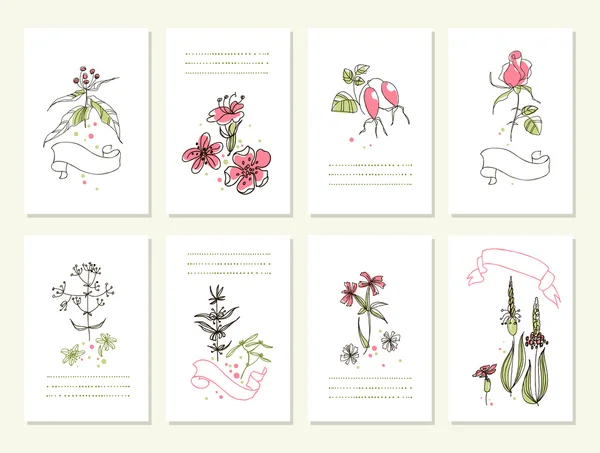 Collezione disegnata a mano di romantici inviti floreali. Matrimonio, matrimonio, sposa, compleanno, San Valentino. Isolato . — Vettoriale Stock