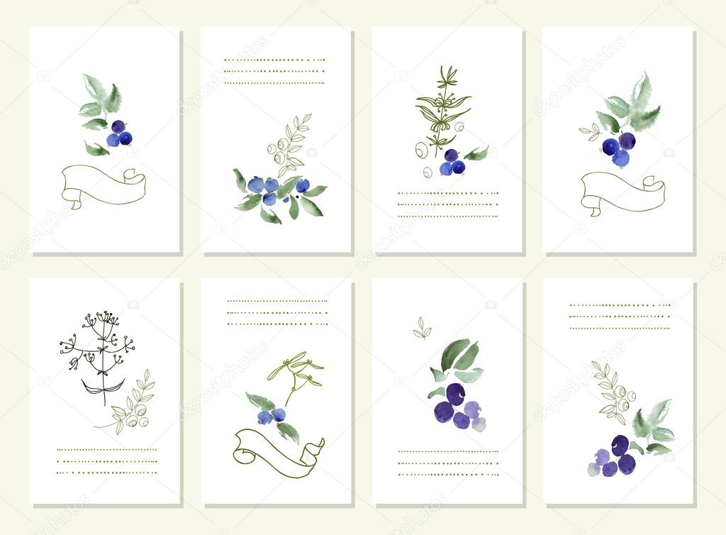 Hand drawn collection of romantic floral invitations. Vector watercolor.   Wedding, marriage, bridal, birthday, Valentines day. Isolated.