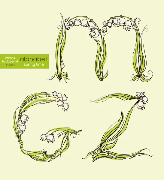 Våren blommig stiliserad hand Rita alfabetet. Vektor illustration. — Stock vektor