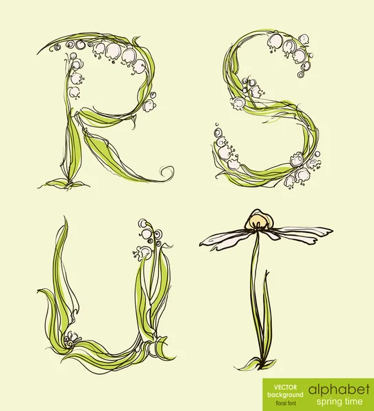 Primavera floral estilizado mano dibujo alfabeto. Ilustración vectorial . — Vector de stock