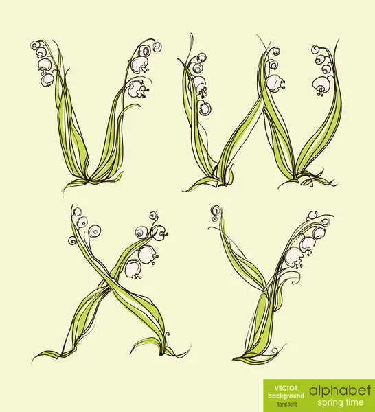 Primavera floral estilizado mano dibujo alfabeto. Ilustración vectorial . — Vector de stock