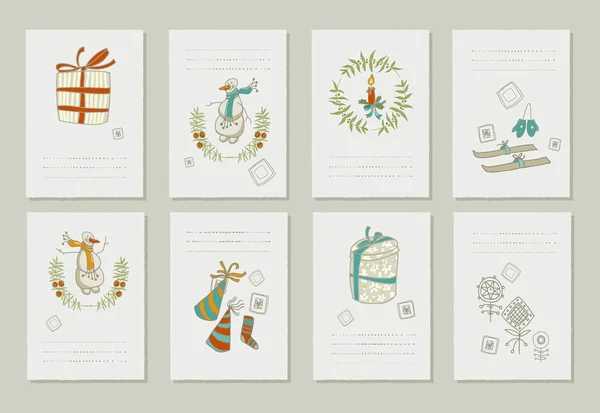 Noel ve yeni yıl için romantik davetiyeler koleksiyonu el çekilmiş. 8 nazik kart. — Stok Vektör
