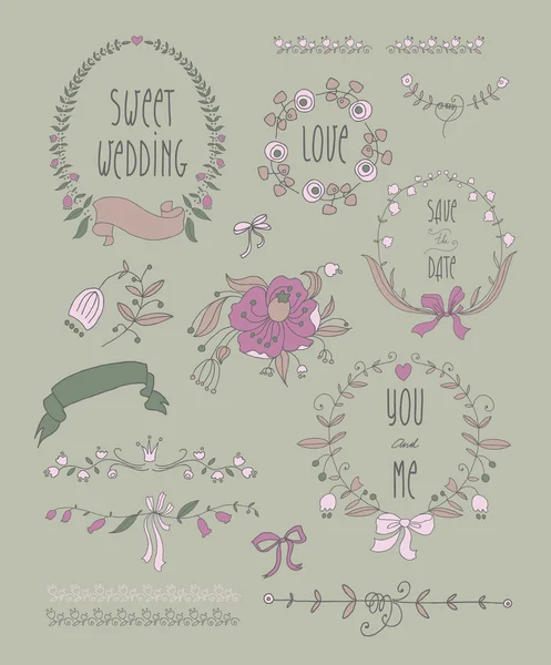 Hand drawn set of wedding wreaths and ribbons.  Transparency. — Stockvector