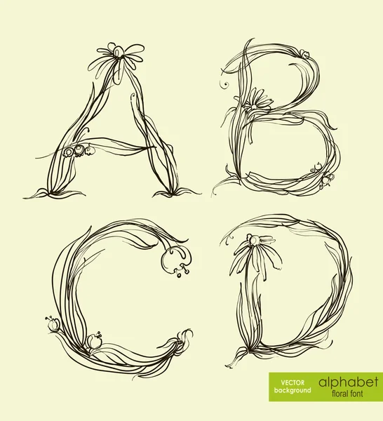Frühling Blumen stilisierte Handzeichnung Alphabet. Vektorillustration. — Stockvektor