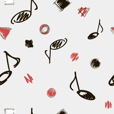 Müzik Not arka planı. Vektör çizim. Müzik notaları ile Dikişsiz siyah, beyaz ve kırmızı soyut desen.