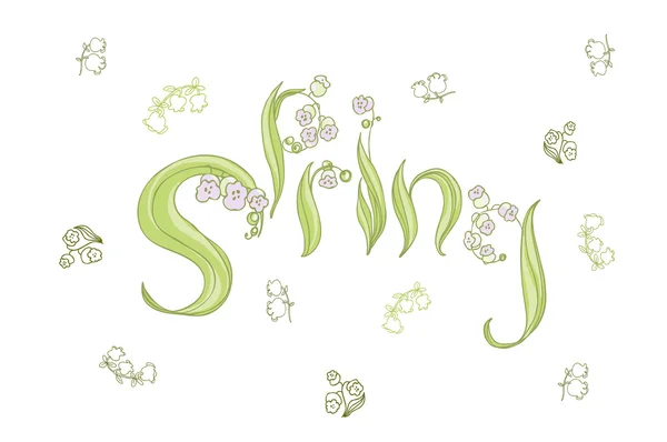 Vektor. Söt hand ritning och bokstäver våren Liljekonvalj. Elegant blommig kort. Våren bakgrund. — Stock vektor