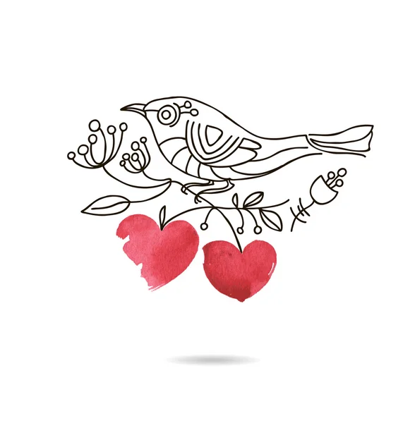 Photo romantique d'un oiseau assis sur une branche en fleurs avec des cœurs — Image vectorielle
