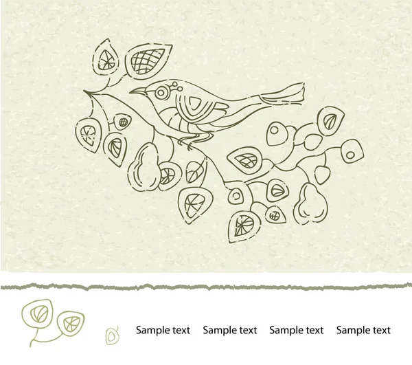 Весенняя векторная винтажная карта с веткой цветущих груш и птицей . — стоковый вектор