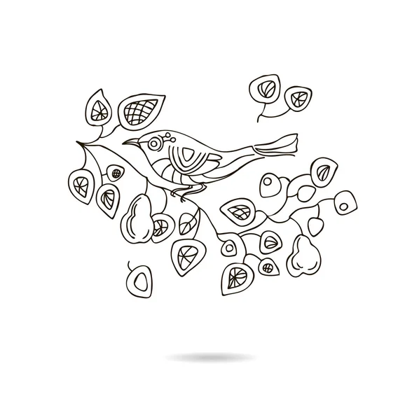 開花ナシの木の枝と鳥春花のベクトル ビンテージ カード. — ストックベクタ