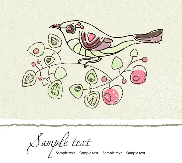 Våren blommig vektor vintage kort med en gren av blommande äppelträd och en fågel. — Stock vektor