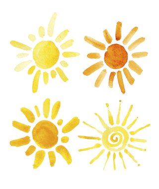 Hand drawn set of different suns isolated. Vector illustration. Elements for design. Watercolor