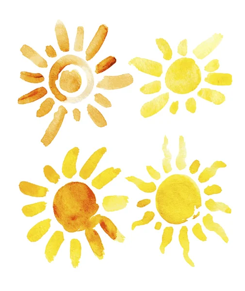 Ensemble dessiné à la main de différents soleils isolés. Illustration vectorielle. Eléments pour le design. Aquarelle — Image vectorielle