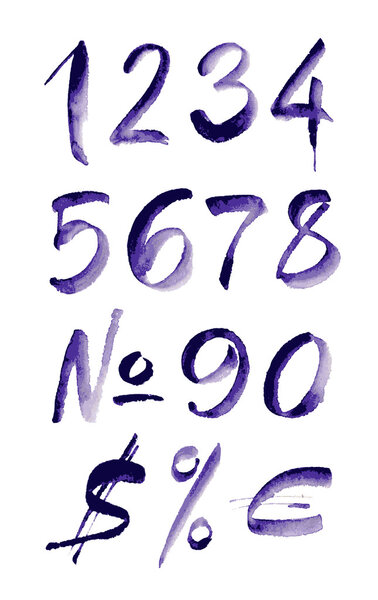 Watercolor hand written purple numbers. Vector illustration