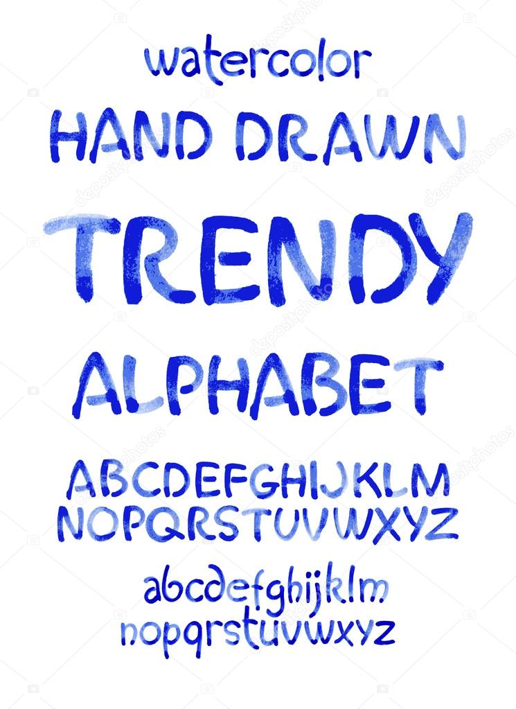 Watercolor hand written blue alphabet. Vector watercolor.
