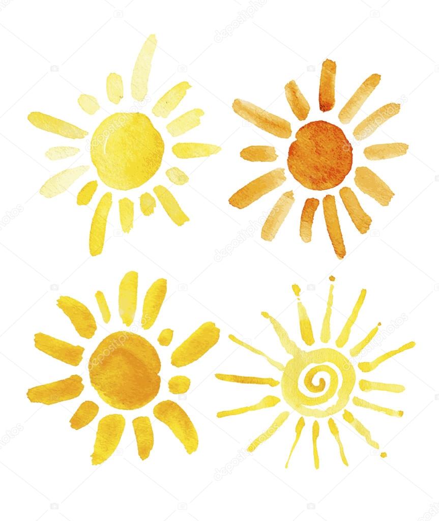 Hand drawn set of different suns isolated. Vector illustration. Elements for design. Watercolor