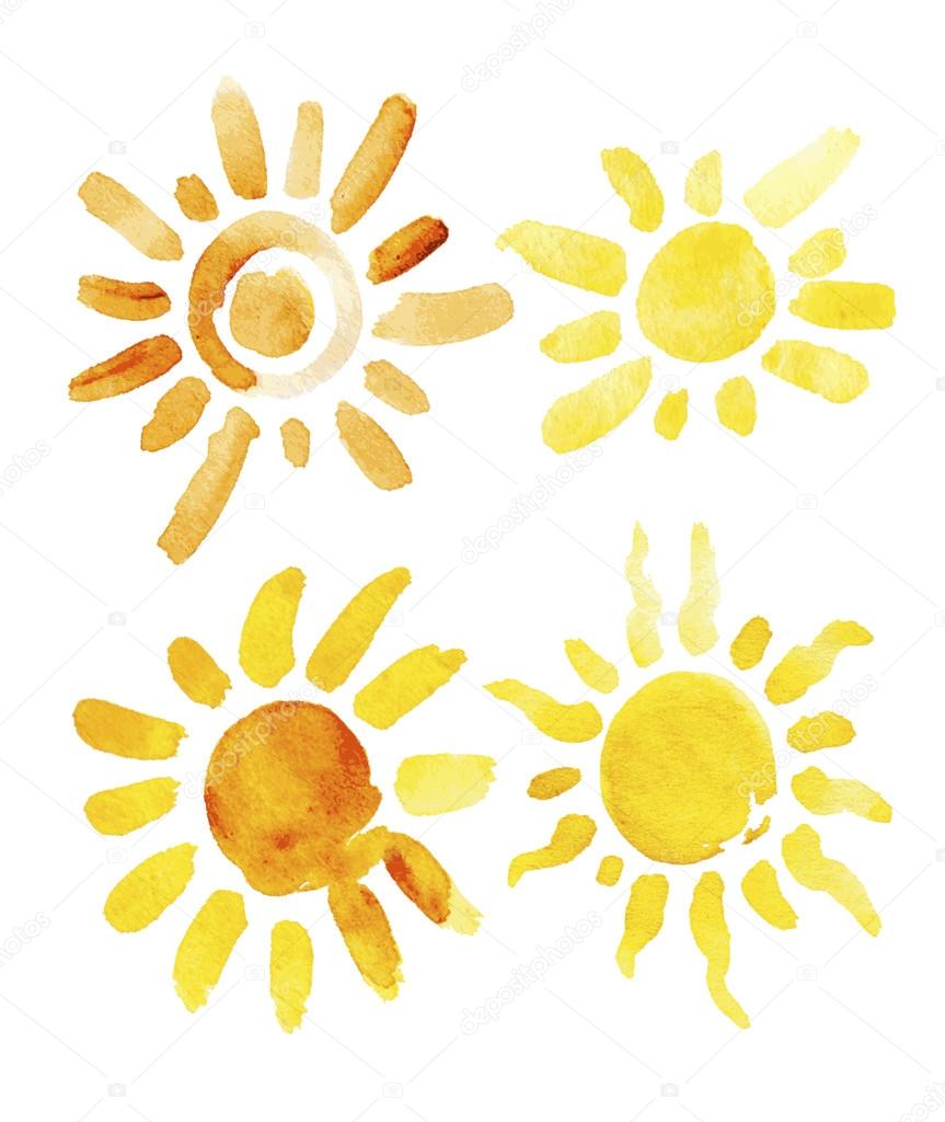 Hand drawn set of different suns isolated. Vector illustration. Elements for design. Watercolor