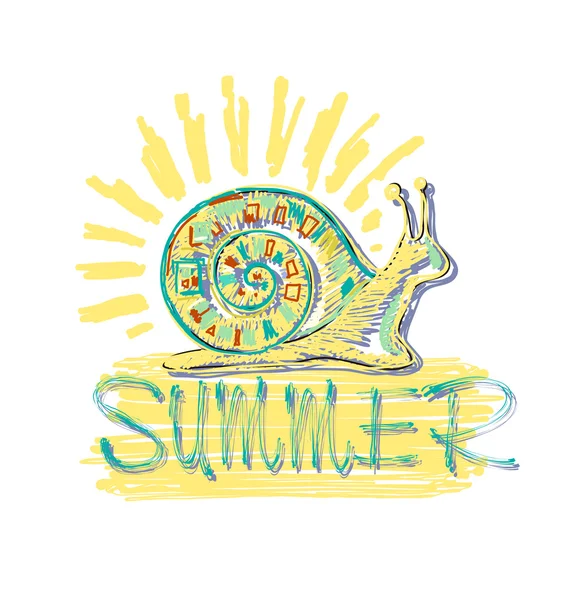 様式化された色カタツムリと太陽と夏の彼の碑文。ベクトル. — ストックベクタ