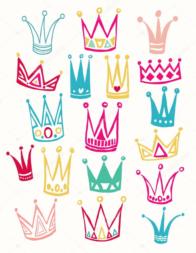 Set of cute cartoon crowns. Hand drawing vector background.  Bright colors. Vector illustration.